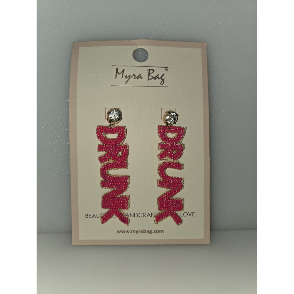 DRUNK Dangle Earrings Pierced Ears Rhinestones Hot Pink Beads NEW Bling Alcohol